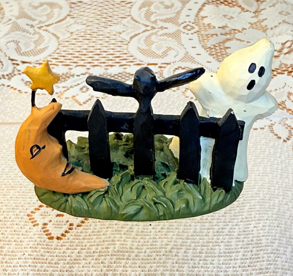 Halloween Ghost Bat & Crescent Moon Fence Scene Figurine